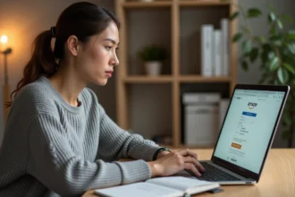 Femme consultant une commande Amazon sur son ordinateur portable dans un bureau à domicile