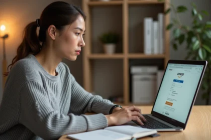 Femme consultant une commande Amazon sur son ordinateur portable dans un bureau à domicile