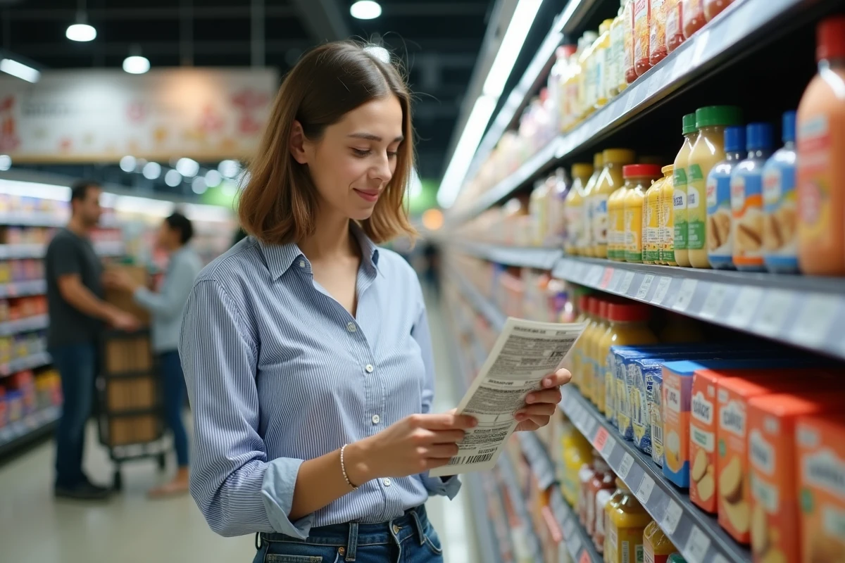 Jeune femme comparant des bons de réduction imprimés dans un rayon de supermarché