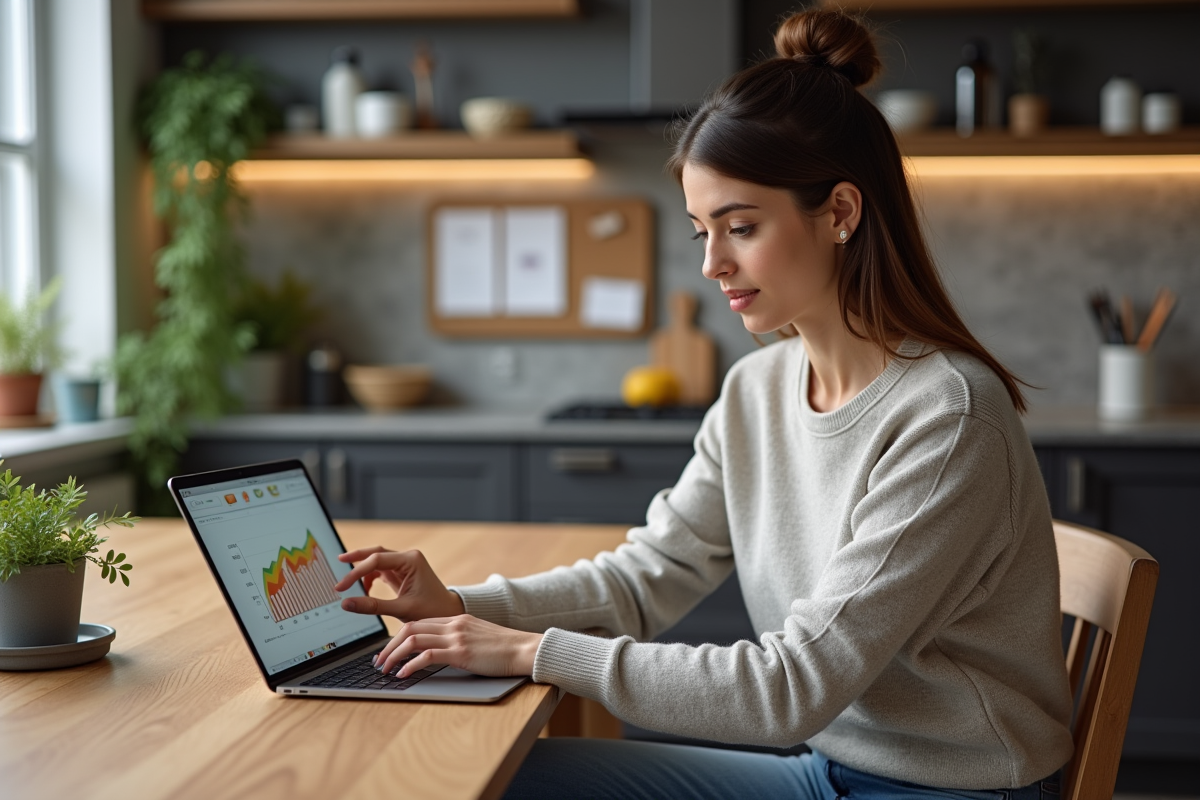 Jeune femme consulte un graphique d energie sur une tablette