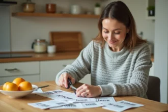 Femme découpant des bons de réduction imprimés à la table de la cuisine