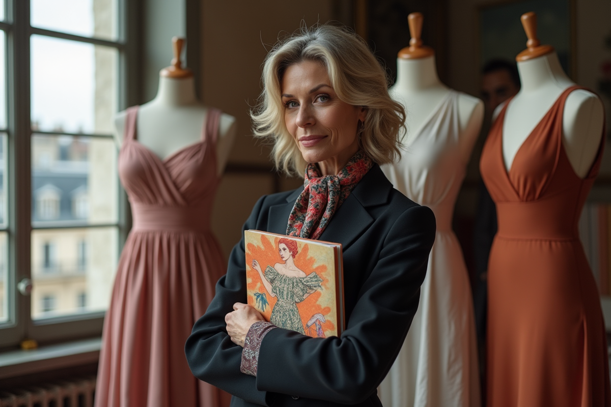 Designer française dans son atelier avec mannequins et tissus