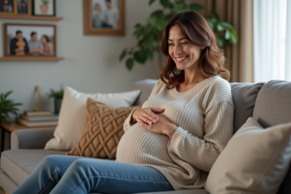 Femme enceinte souriante dans un salon chaleureux