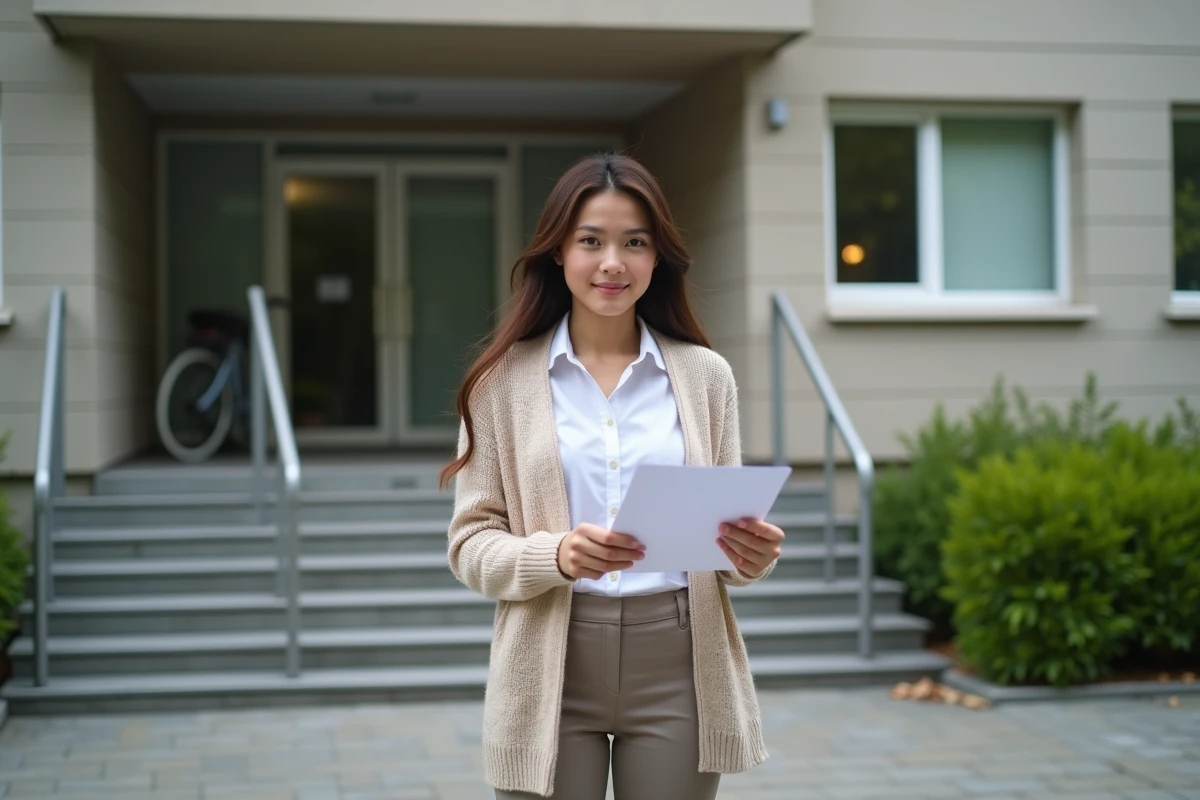 Jeune femme avec rapport d energie devant immeuble résidentiel