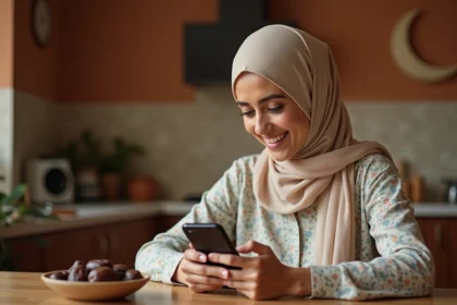 Femme portant un hijab beige qui envoie un message de bon Ramadan sur WhatsApp depuis sa cuisine