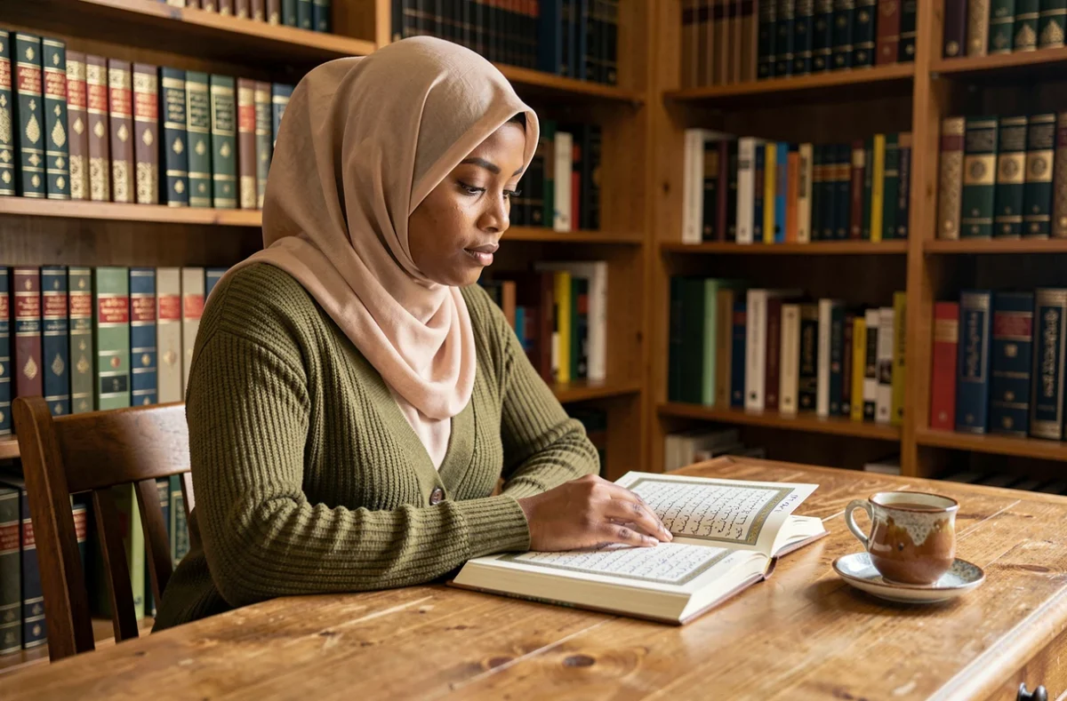 Jeune femme en hijab étudiant le Coran à un bureau en bois dans une bibliothèque islamique à domicile