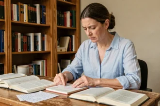 Femme étudiant la grammaire française avec des livres ouverts et des notes manuscrites sur un bureau en bois