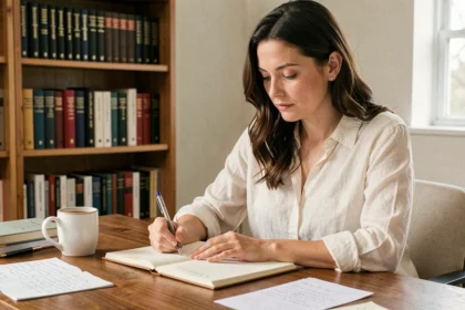 Femme étudiant la grammaire française du futur et du conditionnel dans un bureau à domicile avec cahier et livres