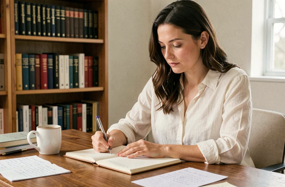 Femme étudiant la grammaire française du futur et du conditionnel dans un bureau à domicile avec cahier et livres