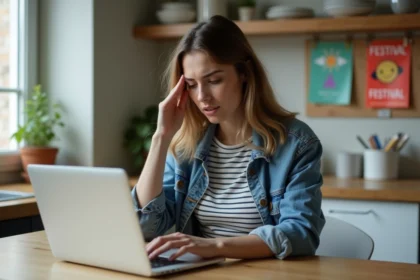Jeune femme frustrée devant son ordinateur dans une cuisine moderne