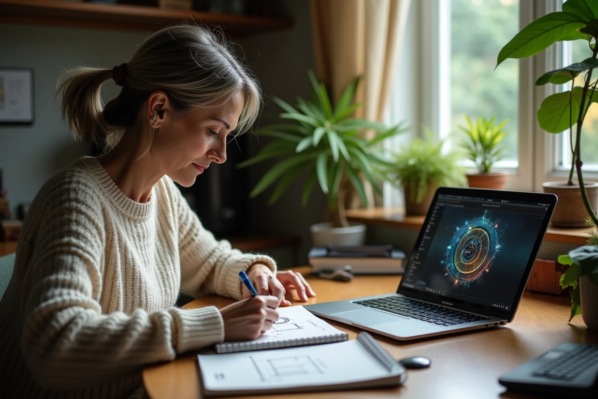 Femme gamer dessinant avec guide de jeu sur son bureau