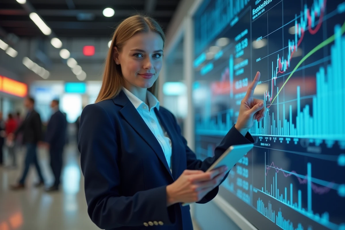 Jeune femme d affaires pointant des graphiques financiers