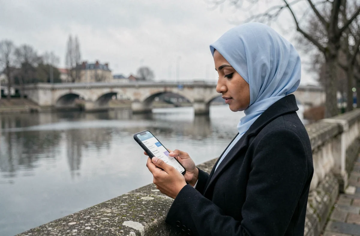 Jeune femme en hijab consultant une application d'horaires de prière sur les bords de l'Oise à Compiègne