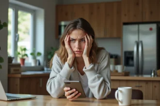 Jeune femme anxieuse avec smartphone dans la cuisine lumineuse