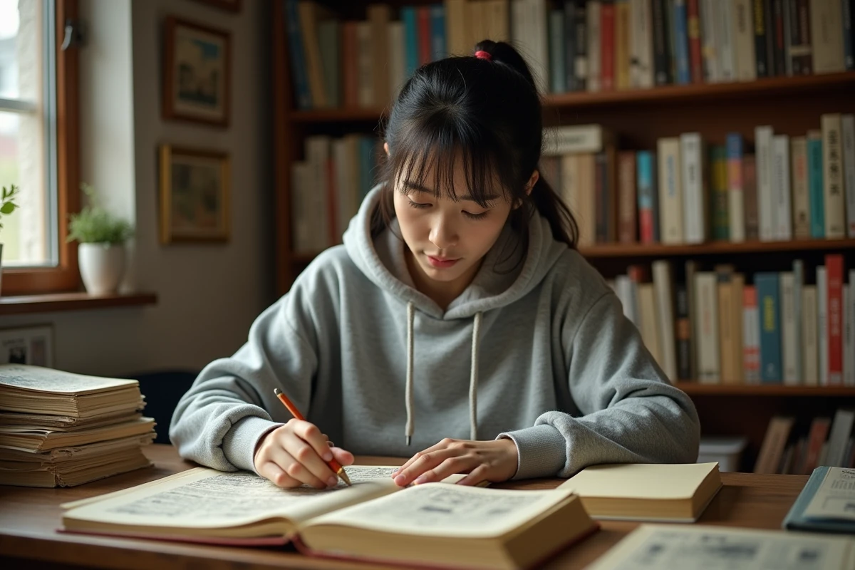 Jeune femme japonaise étudiant des mangas vintage des années 1960 dans un appartement tokyoïte encombré de collections historiques de mangas