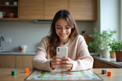 Femme souriante jouant à un jeu Monopoly dans la cuisine