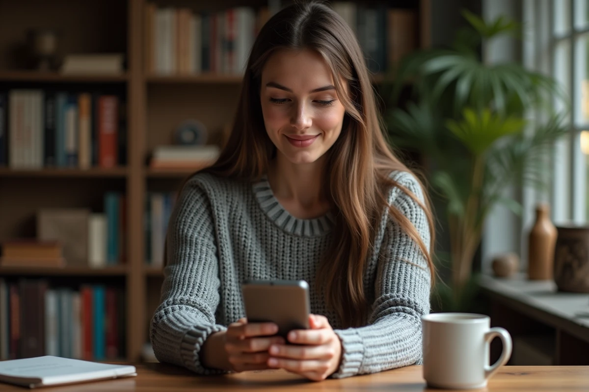 Jeune femme jouant à Cemantix sur son smartphone, hésitant entre trouver la solution seule ou consulter un indice