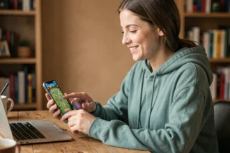 Femme jouant à Monopoly GO sur smartphone et consultant des liens de dés gratuits
