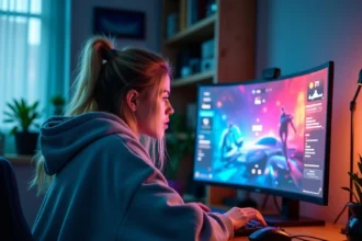Jeune femme jouant aux Sims 4 avec le mod UI Cheats affiché sur l'écran de son PC gaming