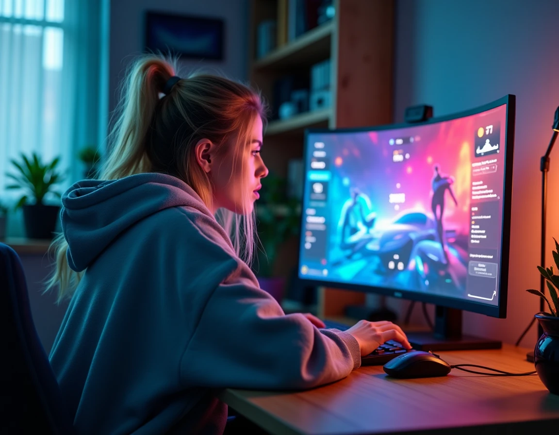 Jeune femme jouant aux Sims 4 avec le mod UI Cheats affiché sur l'écran de son PC gaming