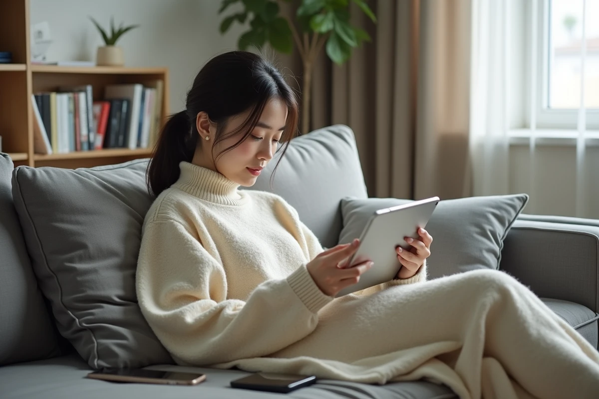 Femme lisant des mangas sur tablette dans un salon moderne avec smartphone affichant une connexion VPN active