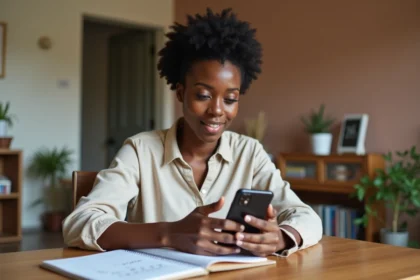 Jeune femme nigériane au bureau avec smartphone et carnet