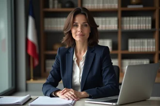 Femme en blazer navy dans un bureau officiel français