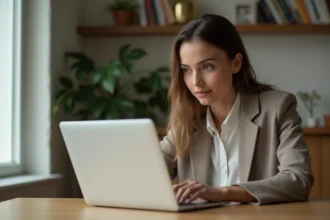 Jeune femme concentrée sur un quiz sur son ordinateur à la maison
