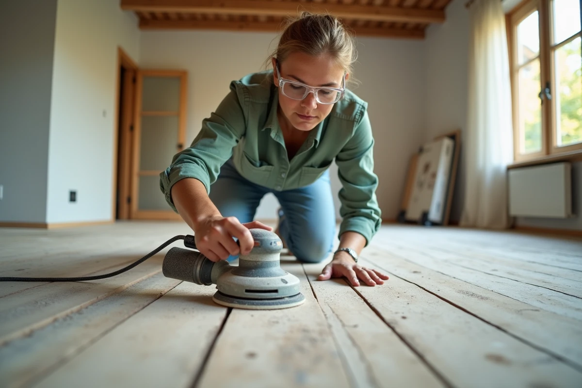 Femme utilisant une ponceuse orbitale sur un parquet en bois dans un salon en rénovation