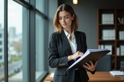 Femme professionnelle en bureau avec classeur organisé
