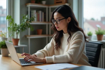 Jeune femme professionnelle compare des sites web sur son ordinateur