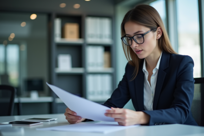 Femme en costume navy examinant un document RGPD au bureau