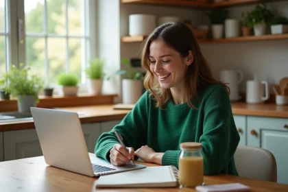 Jeune femme souriante prenant des notes lors d'un quiz écologique à la maison