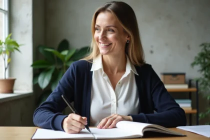 Femme méditant à son bureau dans un intérieur calme