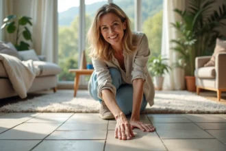 Femme touchant un sol en pierre dans un salon lumineux