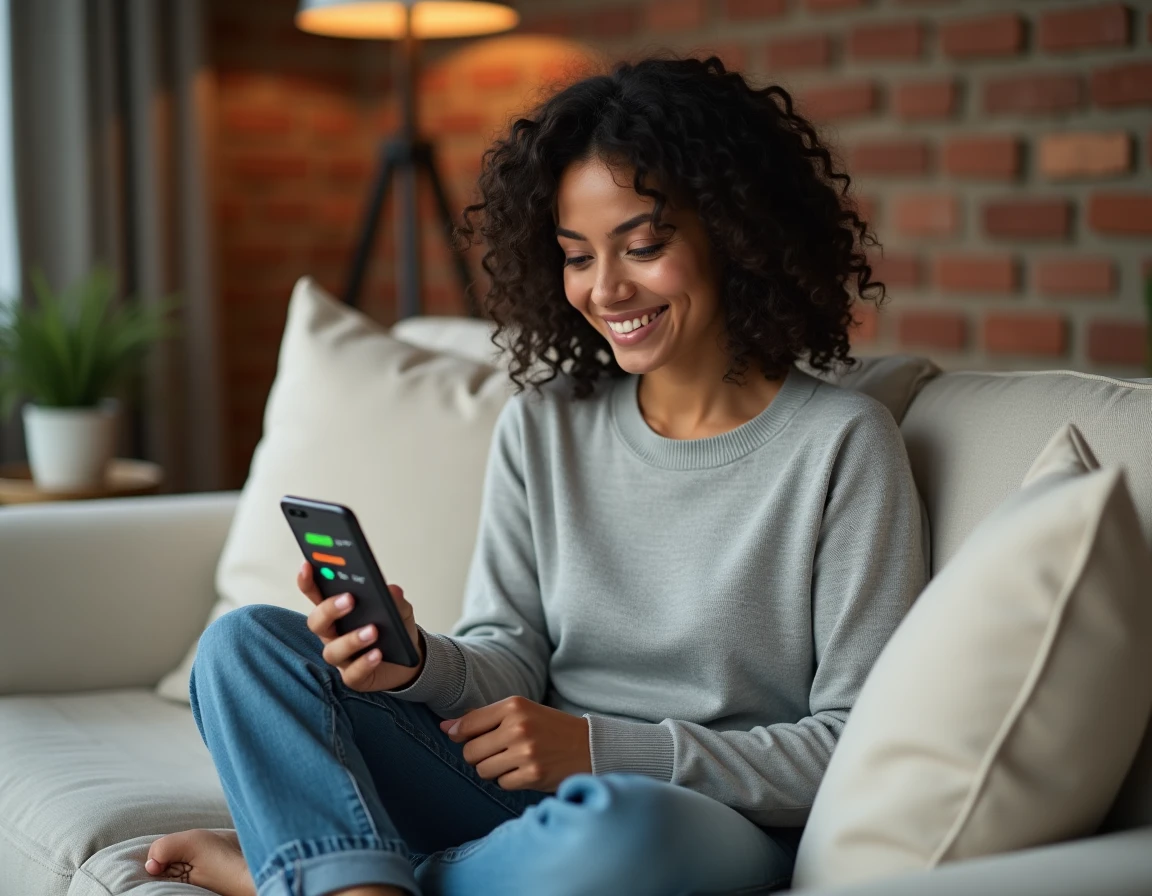 Femme souriante utilisant Pedantix sur smartphone avec score élevé affiché, stratégies gagnantes