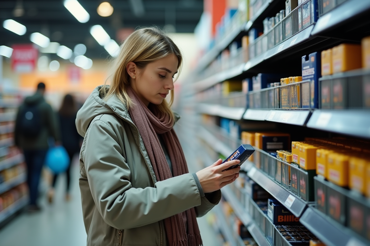 Femme choisissant des piles dans une allée de supermarché