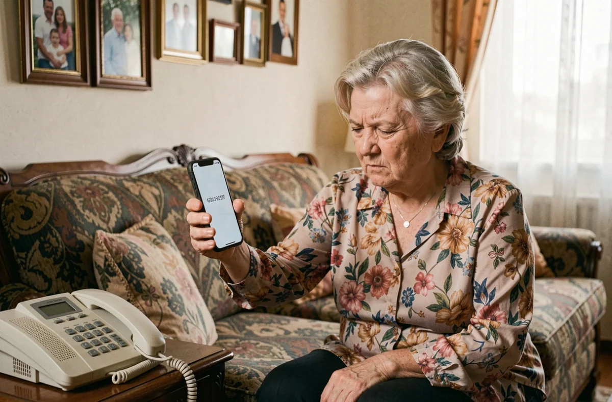 Femme senior dans son salon regardant avec méfiance un numéro de portable inconnu affiché sur son smartphone