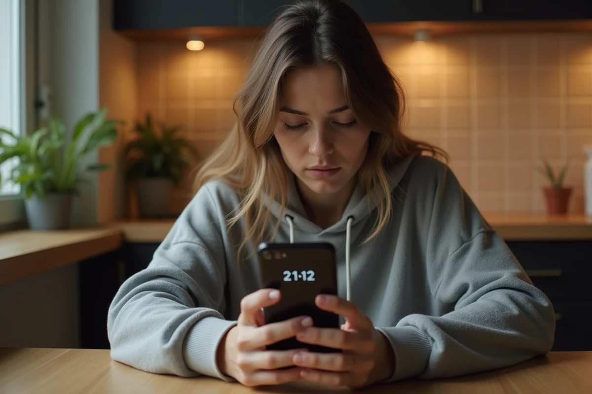 Femme seule regardant l'heure 21h12 sur son téléphone dans une cuisine, expression hésitante entre doute et espoir amoureux