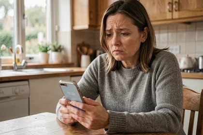 Femme tenant un smartphone affichant un numéro de portable inconnu avec une expression perplexe dans une cuisine moderne