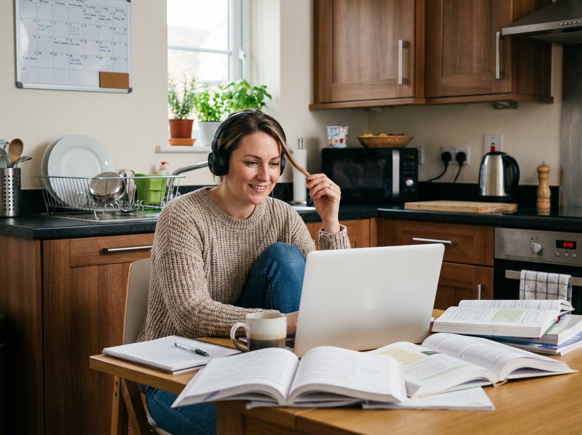 Femme travaillant sur son ordinateur dans une cuisine moderne