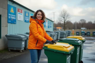 Femme en parka triant des recyclables à la déchèterie