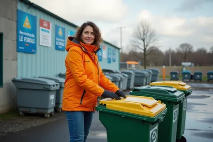 Femme en parka triant des recyclables à la déchèterie
