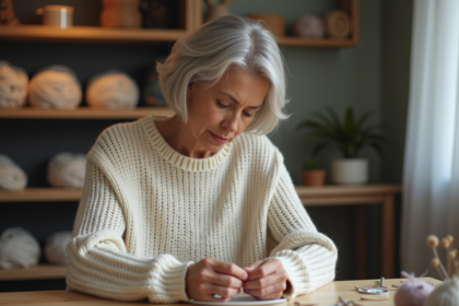 Femme réfléchissant à un pull en tricot dans un salon cosy