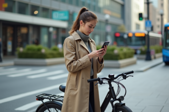 Jeune femme avec trench et vélo électrique en ville