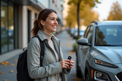 Femme souriante avec clé de voiture électrique près d'un SUV hybride