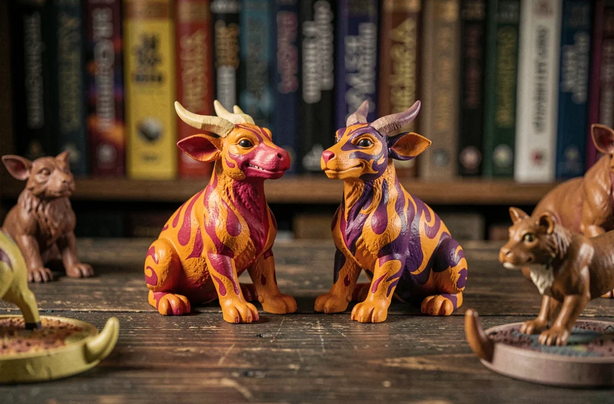 Figurines de collection peintes représentant des créatures avec motifs de flammes fantasmagoriques en orange et violet, photographiées en gros plan sur bois sombre