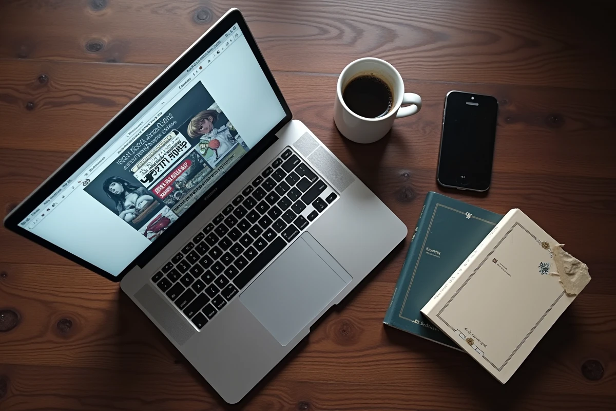 Vue de dessus d'un bureau avec laptop ouvert sur un site de lecture manga, smartphone avec VPN actif, volumes manga physiques et tasse de café