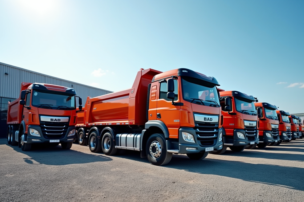 Plusieurs camions tipper alignes dans un concessionnaire