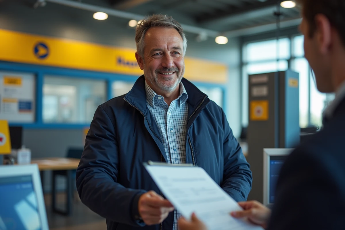 Homme déposant un formulaire de changement d'adresse définitive dans un bureau de La Poste